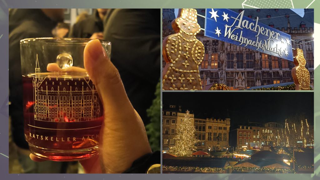 Some impressions of the colorful Christmas Market in Aachen, with lots of lights and giant gingerbread decoration and mulled wine.