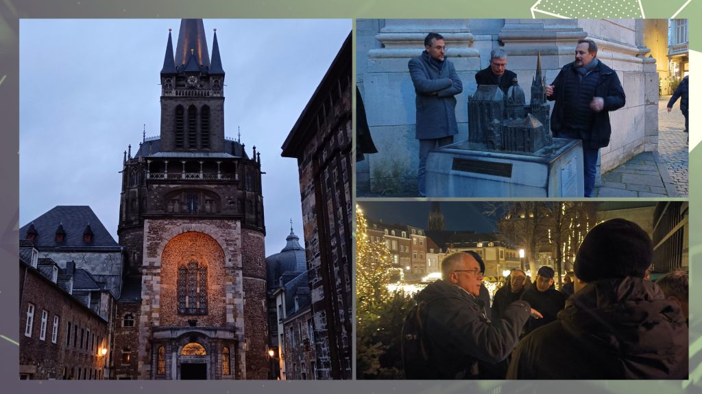 Photo collage of three photos: 1. Church entrance with red-brown bricks and two lights on the left and right side of the entrance door. 2. Three men standing around a miniature sculpture of a cathedral. One man with a grey scarf and black jacket explaining the sculpture. The other two wear glasses and has their arm crossed and their eyes on the sculpture. 3. A man in the middle surrounded by a group of people explaining something (hand gesture). Behind him stands a Christmas tree with lights.