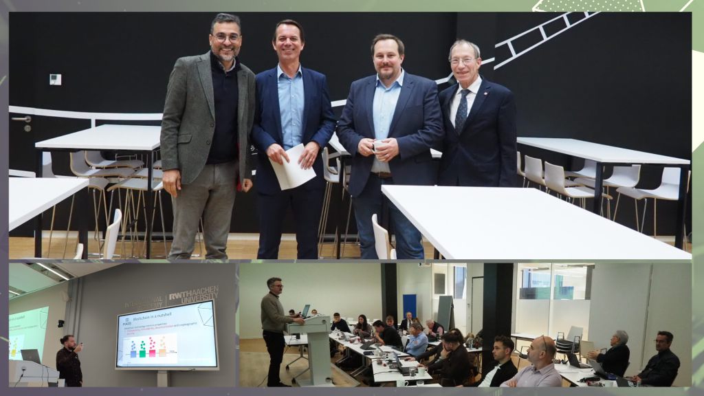 Photo collage of three photos: 1. Four men standing in a room with white tables and chairs. From left to right: A man with glasses, black hair and grey-white short beard wearing a grey costume and a black sweather. Next to him a man in blue blouse and dark blue costume and short brown hair with a white paper in his hands. The man next to him is a little smaller with short brown hair and brown beard and wearing light blue blouse and dark blue costume with a brown belt. Last man is wearing glasses and has short white hair and wearing a darker blue costume with a tie and white blouse. 2. A man with a remote in his hand, facing to a projected presentation "Blockchain in a nutshell". He has long hair tied back and a black shirt on. Behind him is a laptop on a podium. 3. A man standing on a podium with a grey sweater and his hands on the laptop. He is looking to a group sitting in front of him, listening to him.